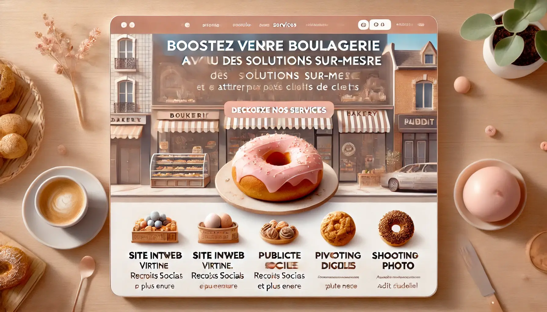 DALL·E 2024-10-21 16.00.35 - A modern, clean one-page bakery homepage design. The banner at the top features a large headline that says Boostez votre boulangerie avec des solutio